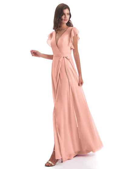 Stella Sheath Floor Length V-Neck Chiffon Bridesmaid Dresses