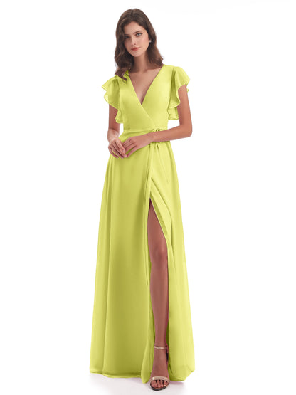 Stella Sheath Floor Length V-Neck Chiffon Bridesmaid Dresses