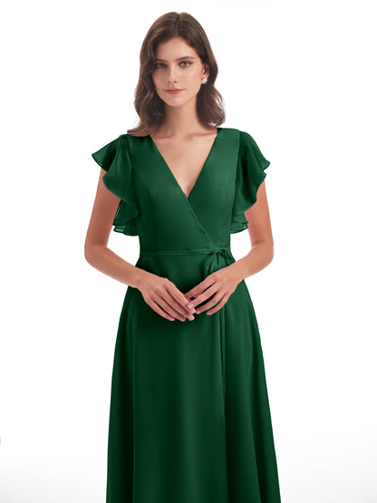 Stella Sheath Floor Length V-Neck Chiffon Bridesmaid Dresses