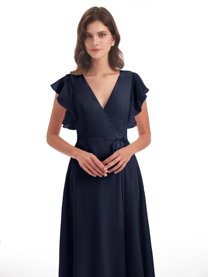 Stella Sheath Floor Length V-Neck Chiffon Bridesmaid Dresses