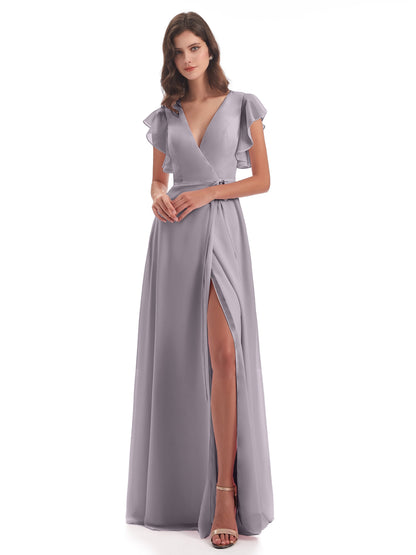 Stella Sheath Floor Length V-Neck Chiffon Bridesmaid Dresses