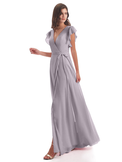 Stella Sheath Floor Length V-Neck Chiffon Bridesmaid Dresses