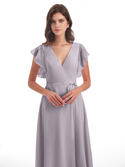 Stella Sheath Floor Length V-Neck Chiffon Bridesmaid Dresses