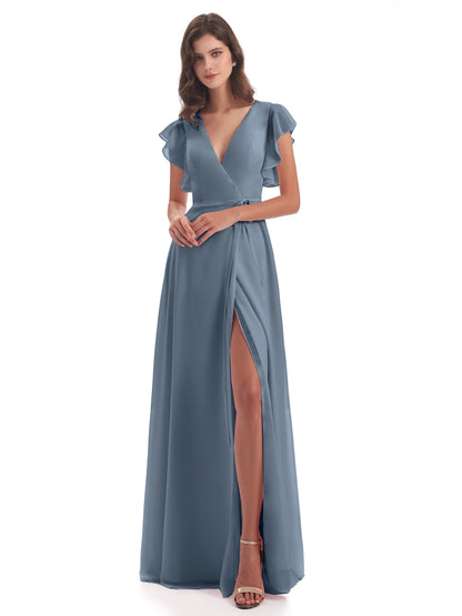 Stella Sheath Floor Length V-Neck Chiffon Bridesmaid Dresses