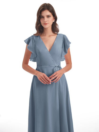 Stella Sheath Floor Length V-Neck Chiffon Bridesmaid Dresses