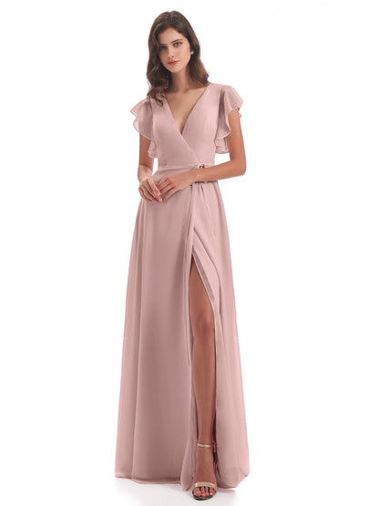Stella Sheath Floor Length V-Neck Chiffon Bridesmaid Dresses