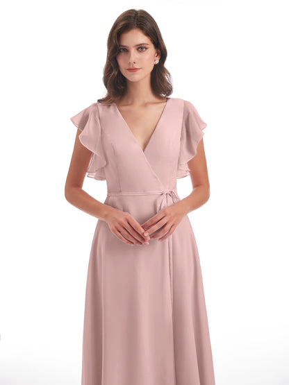 Stella Sheath Floor Length V-Neck Chiffon Bridesmaid Dresses