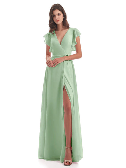 Stella Sheath Floor Length V-Neck Chiffon Bridesmaid Dresses