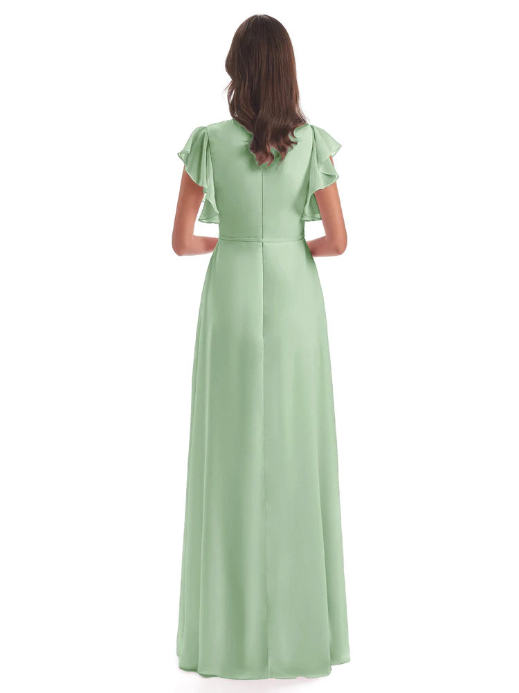 Stella Sheath Floor Length V-Neck Chiffon Bridesmaid Dresses