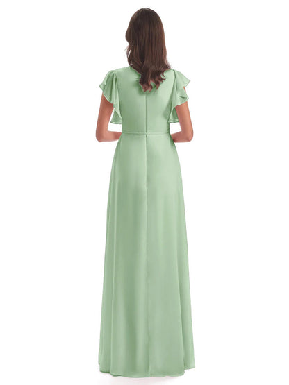 Stella Sheath Floor Length V-Neck Chiffon Bridesmaid Dresses