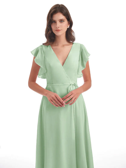 Stella Sheath Floor Length V-Neck Chiffon Bridesmaid Dresses