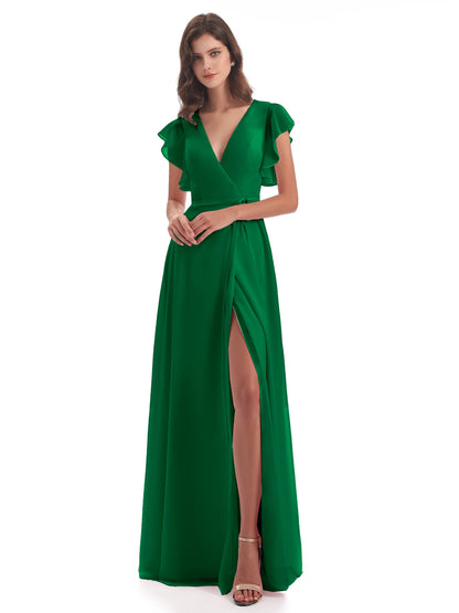 Stella Sheath Floor Length V-Neck Chiffon Bridesmaid Dresses