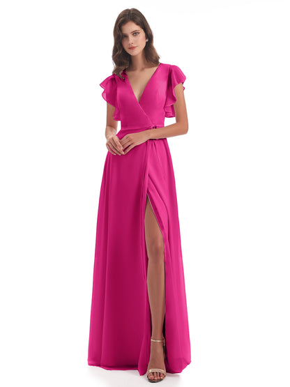 Stella Sheath Floor Length V-Neck Chiffon Bridesmaid Dresses