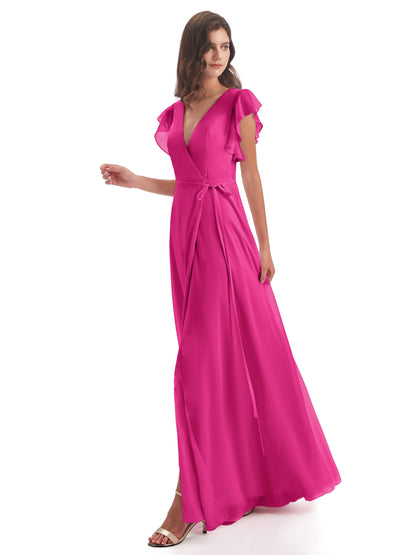 Stella Sheath Floor Length V-Neck Chiffon Bridesmaid Dresses