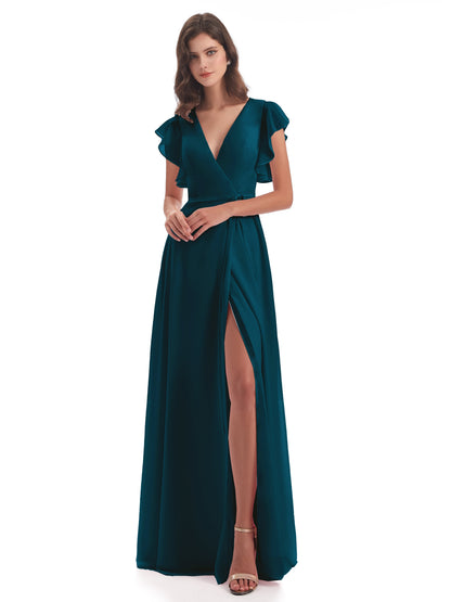 Stella Sheath Floor Length V-Neck Chiffon Bridesmaid Dresses