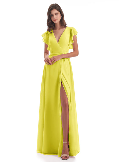 Stella Sheath Floor Length V-Neck Chiffon Bridesmaid Dresses