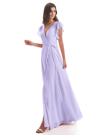 Stella Sheath Floor Length V-Neck Chiffon Bridesmaid Dresses