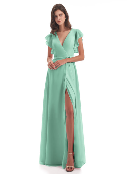 Stella Sheath Floor Length V-Neck Chiffon Bridesmaid Dresses