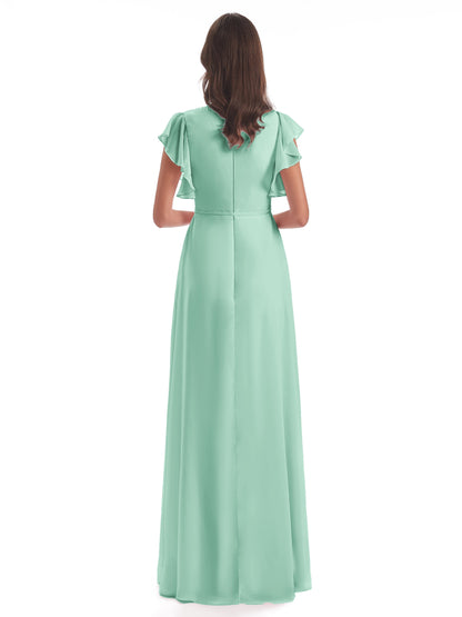 Stella Sheath Floor Length V-Neck Chiffon Bridesmaid Dresses