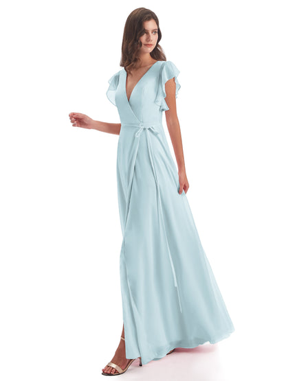 Stella Sheath Floor Length V-Neck Chiffon Bridesmaid Dresses