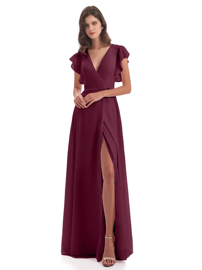 Stella Sheath Floor Length V-Neck Chiffon Bridesmaid Dresses
