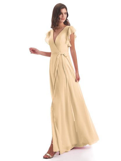 Stella Sheath Floor Length V-Neck Chiffon Bridesmaid Dresses