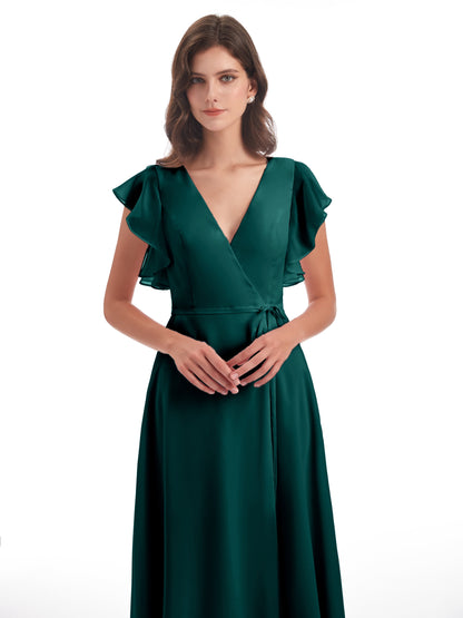 Stella Sheath Floor Length V-Neck Chiffon Bridesmaid Dresses