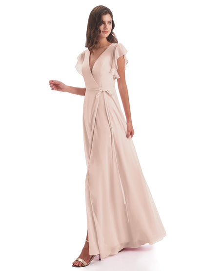 Stella Sheath Floor Length V-Neck Chiffon Bridesmaid Dresses