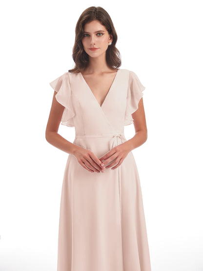 Stella Sheath Floor Length V-Neck Chiffon Bridesmaid Dresses