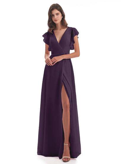 Stella Sheath Floor Length V-Neck Chiffon Bridesmaid Dresses