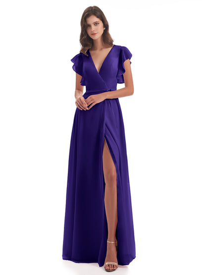 Stella Sheath Floor Length V-Neck Chiffon Bridesmaid Dresses