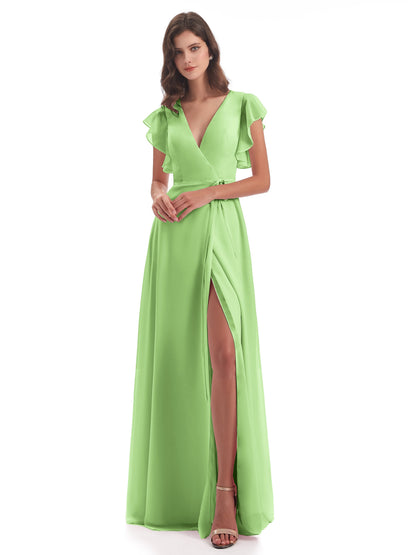 Stella Sheath Floor Length V-Neck Chiffon Bridesmaid Dresses