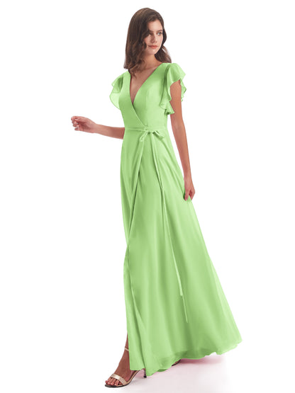 Stella Sheath Floor Length V-Neck Chiffon Bridesmaid Dresses