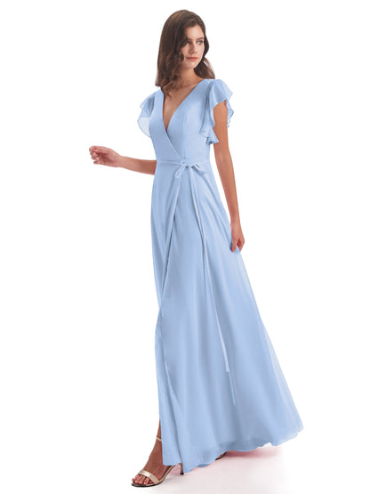 Stella Sheath Floor Length V-Neck Chiffon Bridesmaid Dresses