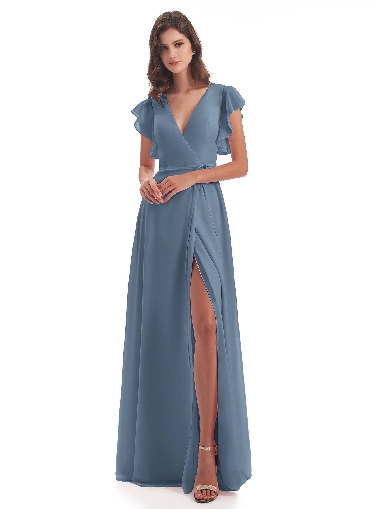 Stella Sheath Floor Length V-Neck Chiffon Bridesmaid Dresses