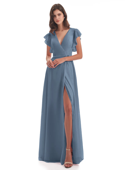Stella Sheath Floor Length V-Neck Chiffon Bridesmaid Dresses