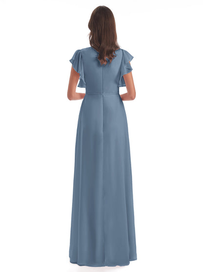 Stella Sheath Floor Length V-Neck Chiffon Bridesmaid Dresses