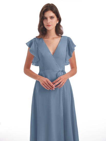 Stella Sheath Floor Length V-Neck Chiffon Bridesmaid Dresses