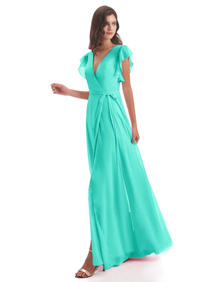 Stella Sheath Floor Length V-Neck Chiffon Bridesmaid Dresses
