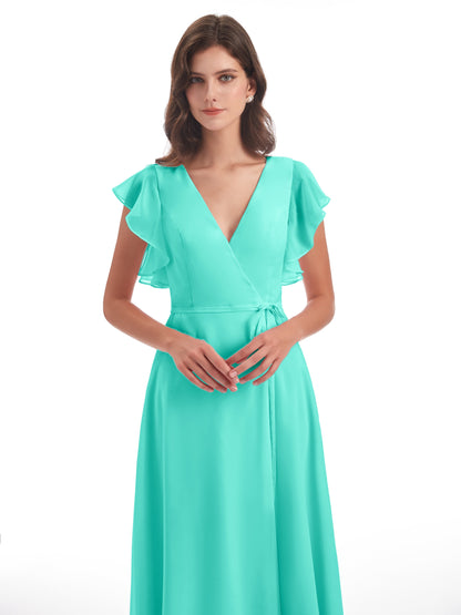 Stella Sheath Floor Length V-Neck Chiffon Bridesmaid Dresses