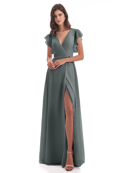 Stella Sheath Floor Length V-Neck Chiffon Bridesmaid Dresses