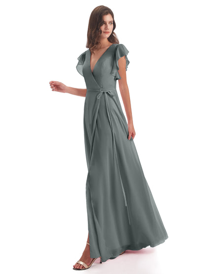 Stella Sheath Floor Length V-Neck Chiffon Bridesmaid Dresses