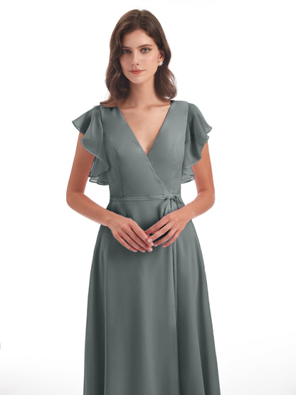 Stella Sheath Floor Length V-Neck Chiffon Bridesmaid Dresses