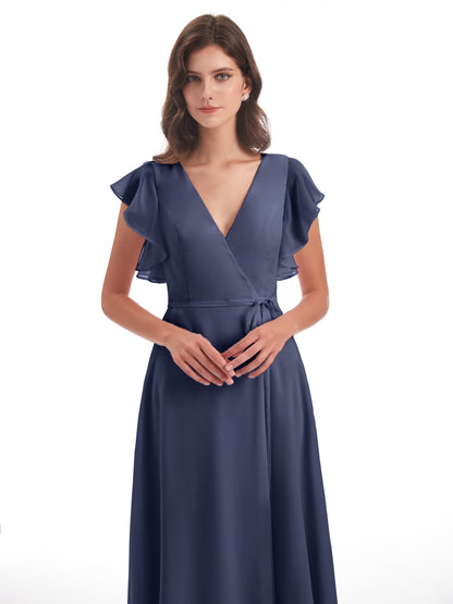Stella Sheath Floor Length V-Neck Chiffon Bridesmaid Dresses