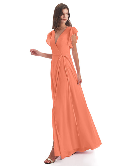 Stella Sheath Floor Length V-Neck Chiffon Bridesmaid Dresses