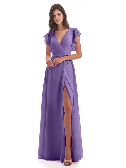 Stella Sheath Floor Length V-Neck Chiffon Bridesmaid Dresses