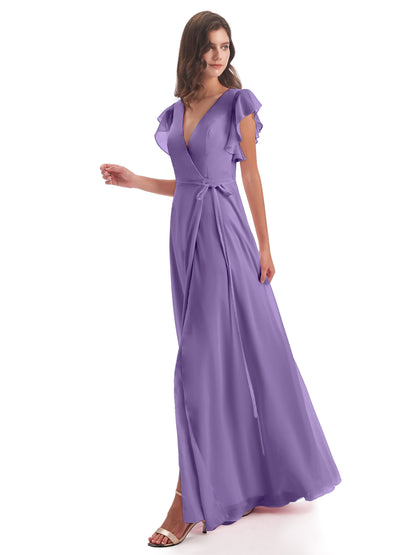 Stella Sheath Floor Length V-Neck Chiffon Bridesmaid Dresses