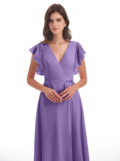 Stella Sheath Floor Length V-Neck Chiffon Bridesmaid Dresses