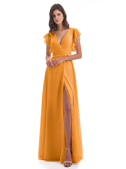 Stella Sheath Floor Length V-Neck Chiffon Bridesmaid Dresses