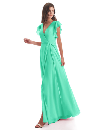 Stella Sheath Floor Length V-Neck Chiffon Bridesmaid Dresses